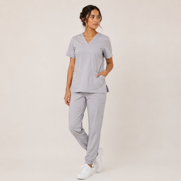 Medsiwear Elite Women's Medical Scrub Set – Light Grey Premium Stretch Scrubs for Doctors & Nurses