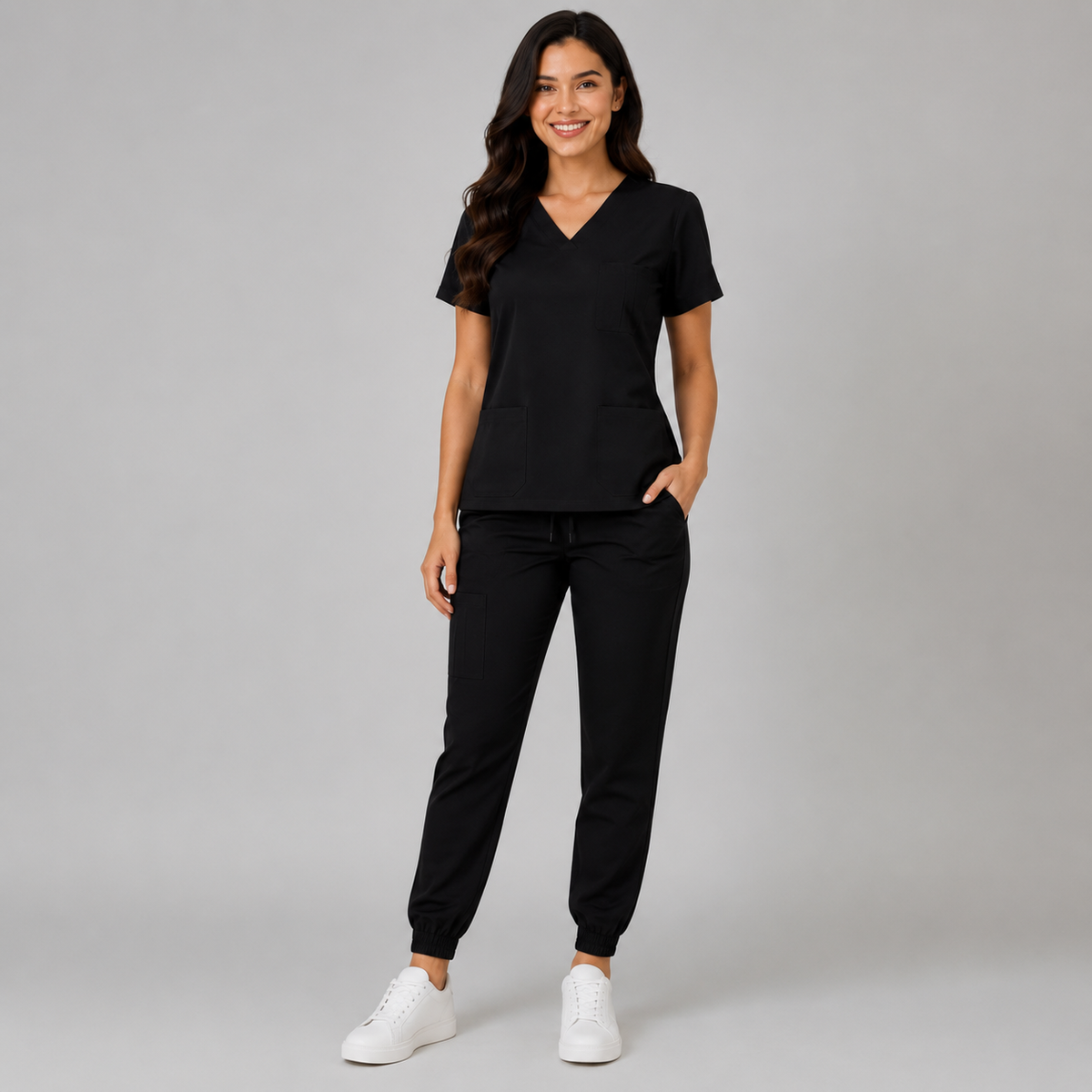 Medsiwear Elite Women's Medical Scrub Set – Jet Black Premium Stretch Scrubs for Doctors & Nurses