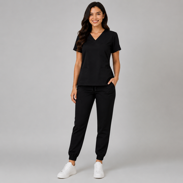 Medsiwear Elite Women's Medical Scrub Set – Jet Black Premium Stretch Scrubs for Doctors & Nurses