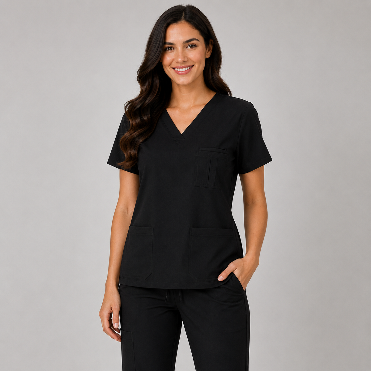 Medsiwear Elite Women's Medical Scrub Set – Jet Black Premium Stretch Scrubs for Doctors & Nurses