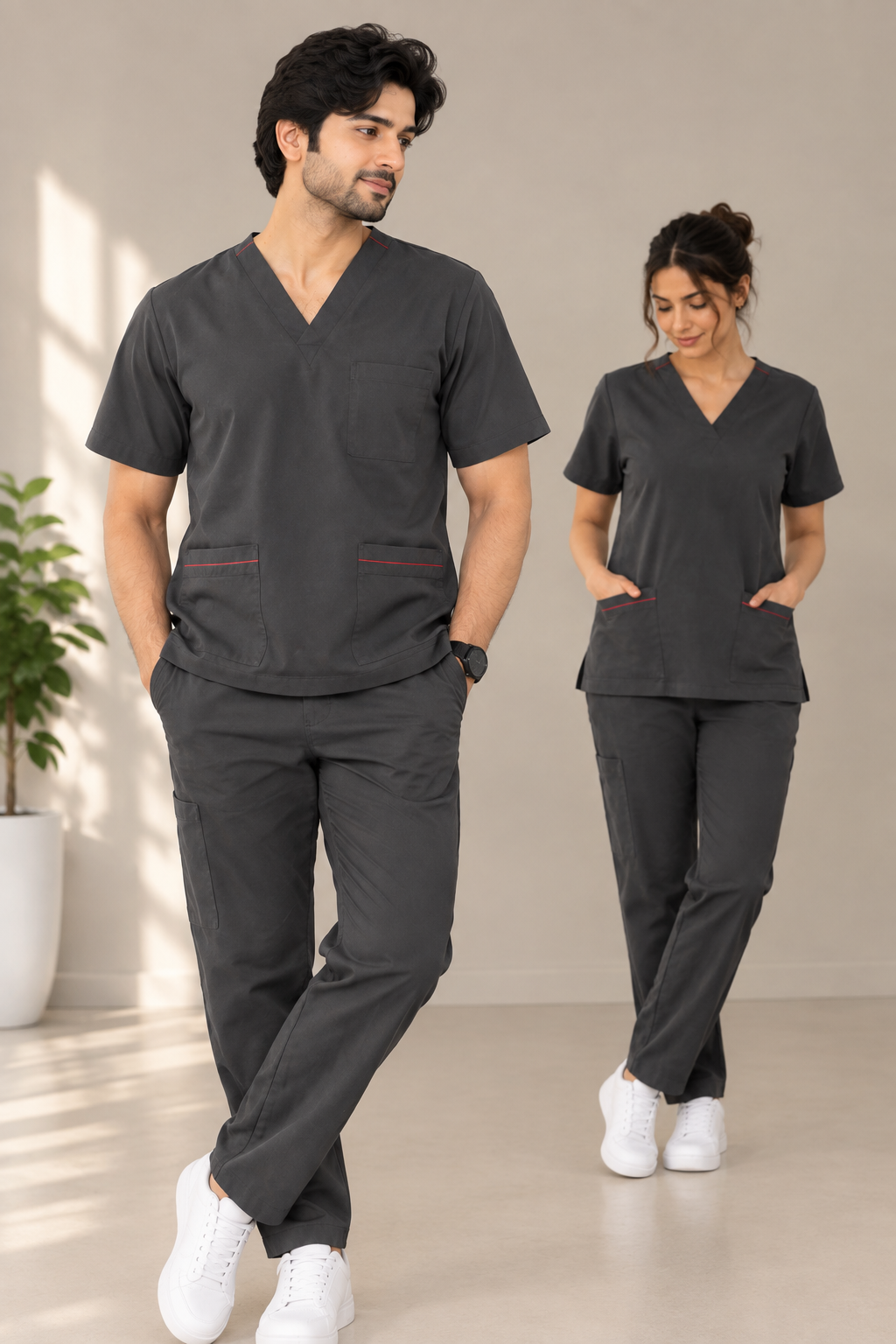 Charcoal Grey unisex scrub set – men’s set on male model