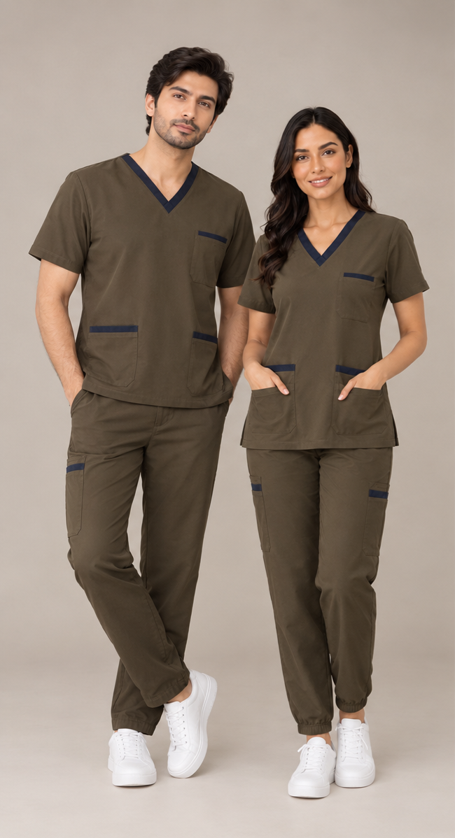 Olive Green unisex scrub set – male and female models