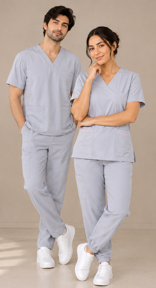 Light Grey unisex scrub set – men’s set on male model