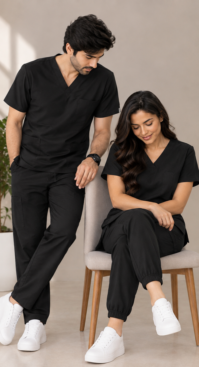 Jet Black unisex scrub set – matching couple scrubs