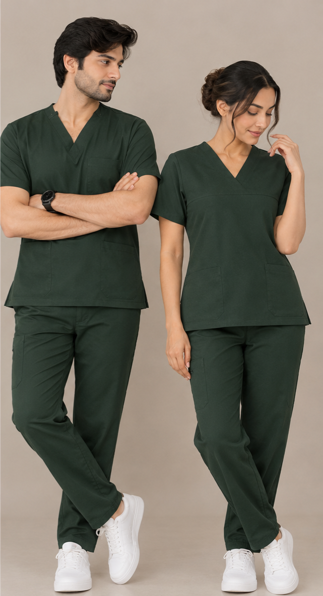 Dark Forest Green unisex scrub set – men’s set on male model